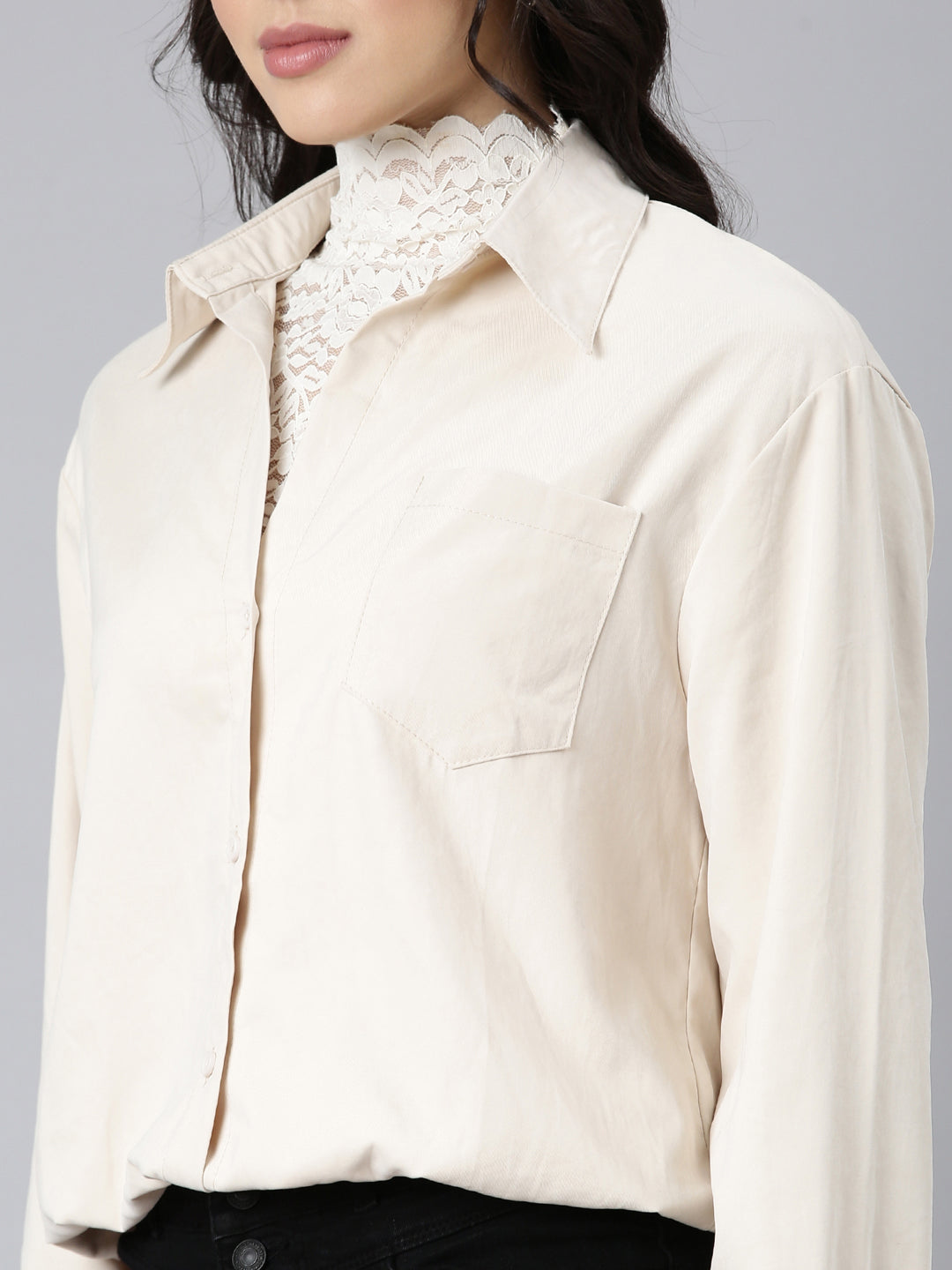 Women Solid Shirt Style Cream Top Comes with Attached Inner Top