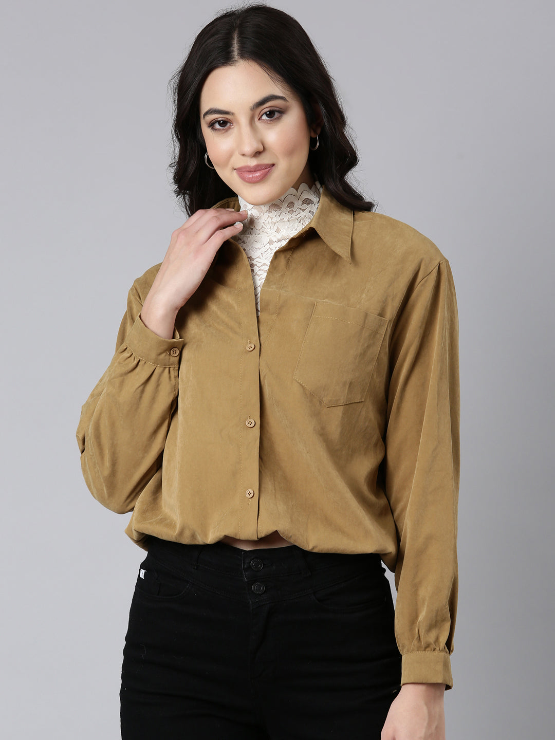 Women Solid Shirt Style Khaki Top Comes with Attached Inner Top