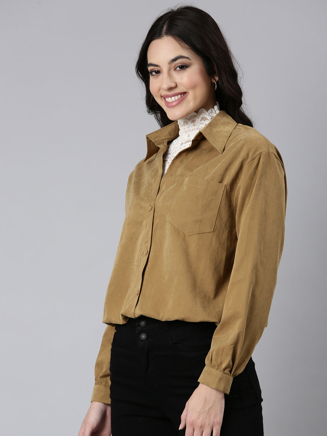 Women Solid Shirt Style Khaki Top Comes with Attached Inner Top