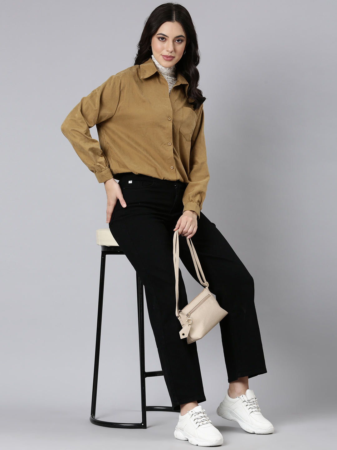 Women Solid Shirt Style Khaki Top Comes with Attached Inner Top