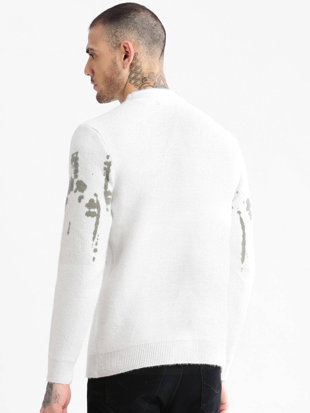 Men Round Neck Typography White Pullover
