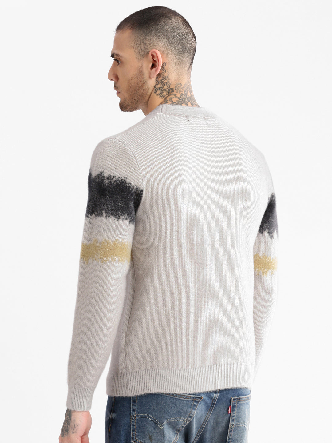Men Round Neck Typography Beige Pullover