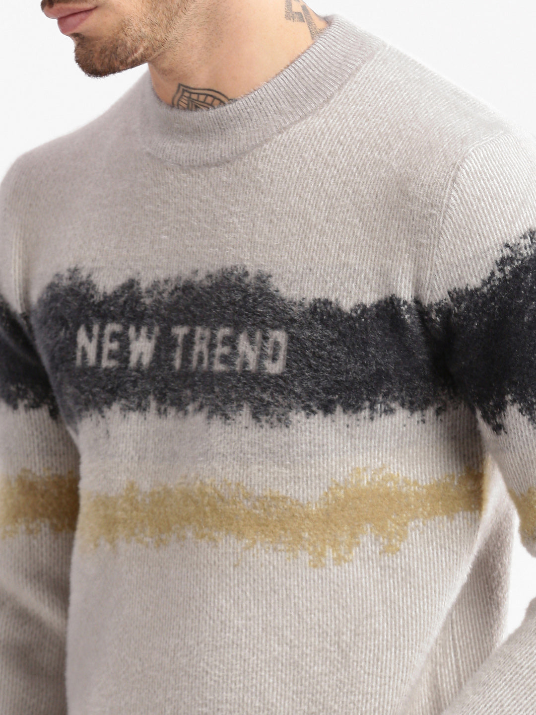 Men Round Neck Typography Beige Pullover