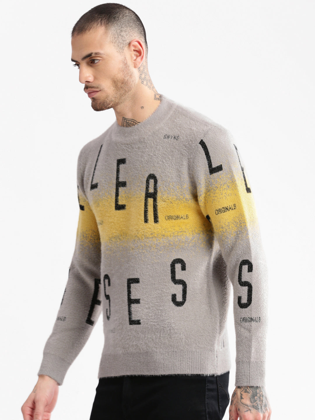 Men Round Neck Typography Grey Pullover