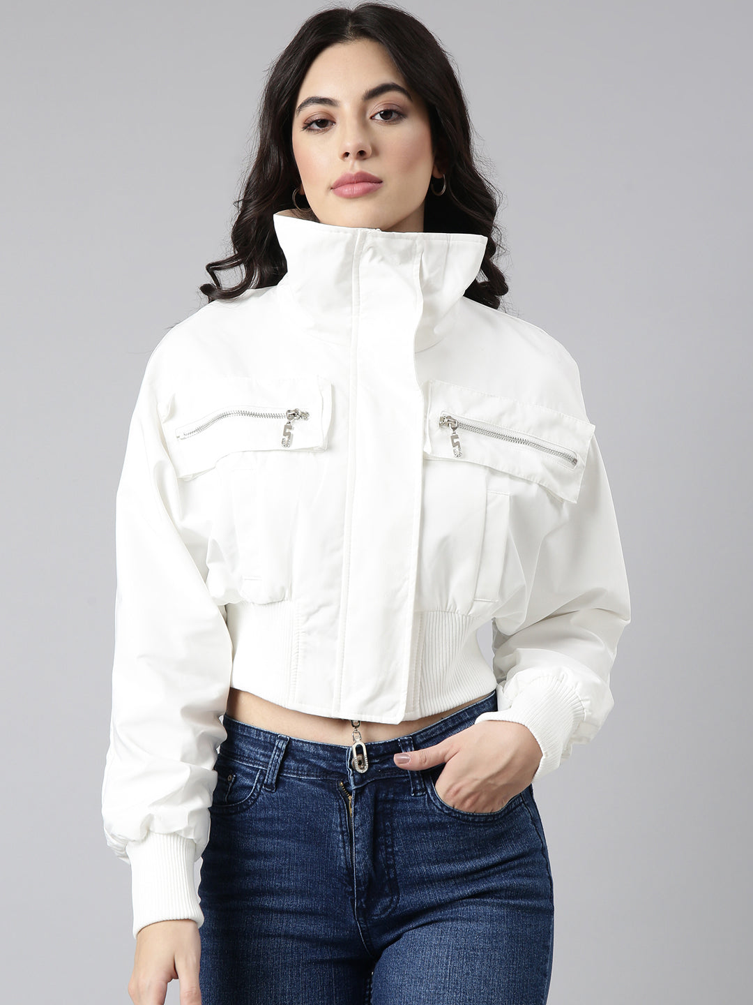 Women Solid White Crop Oversized Drop Shoulder Bomber Jacket