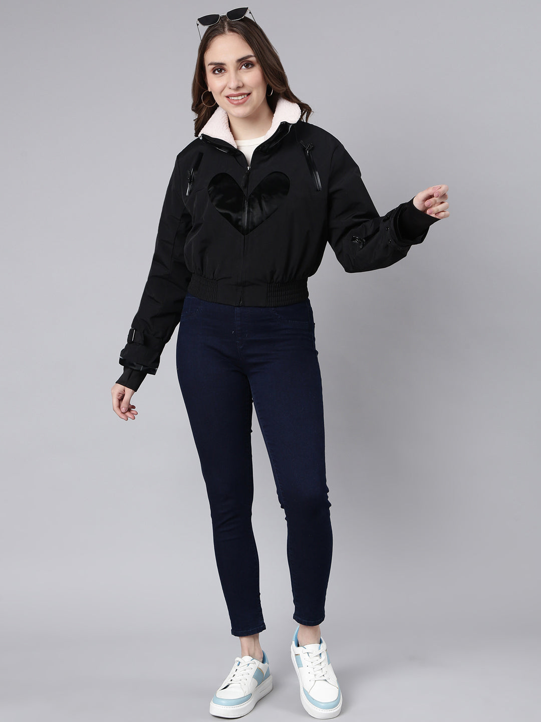 Women Solid Black Crop Puffer Jacket