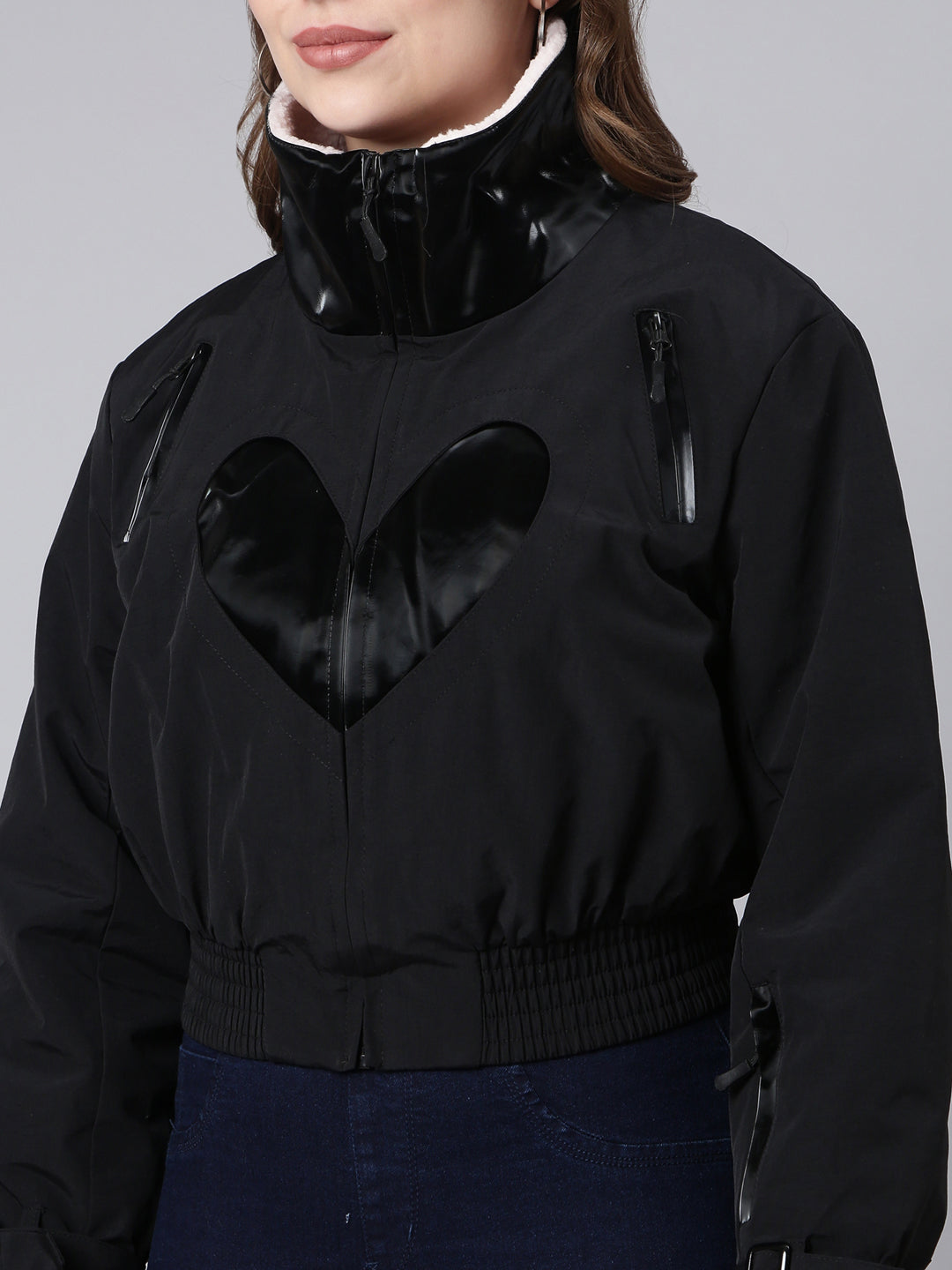 Women Solid Black Crop Puffer Jacket