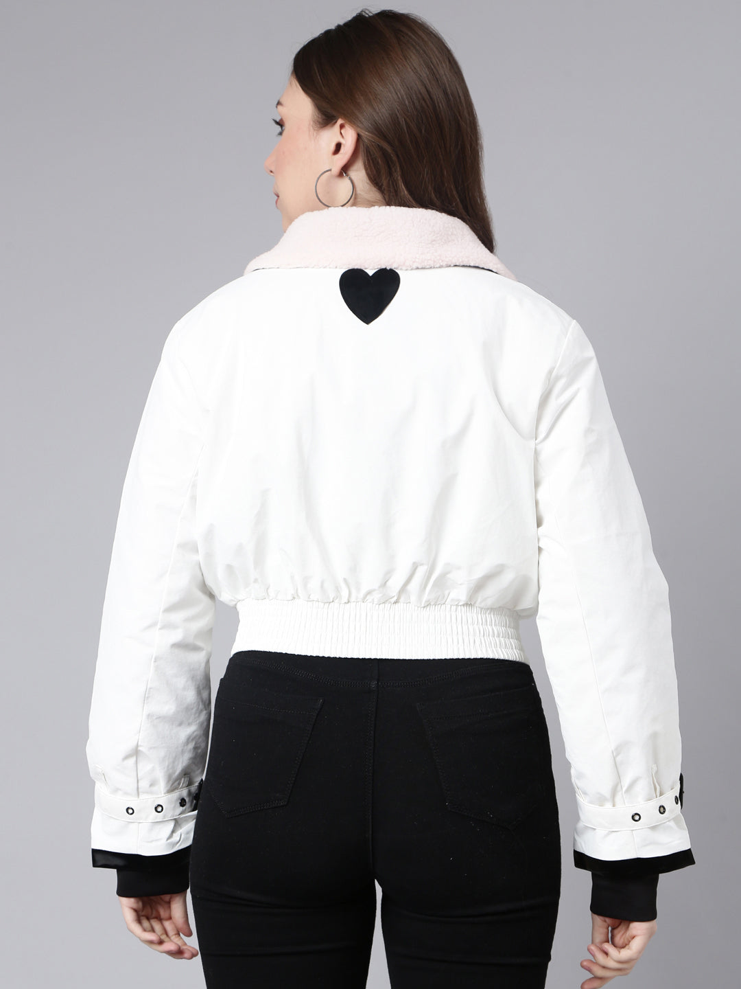 Women Solid White Crop Puffer Jacket