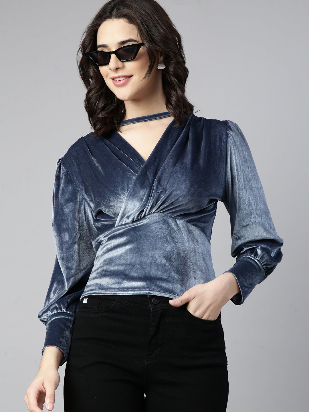 Women Solid Blue Empire Top