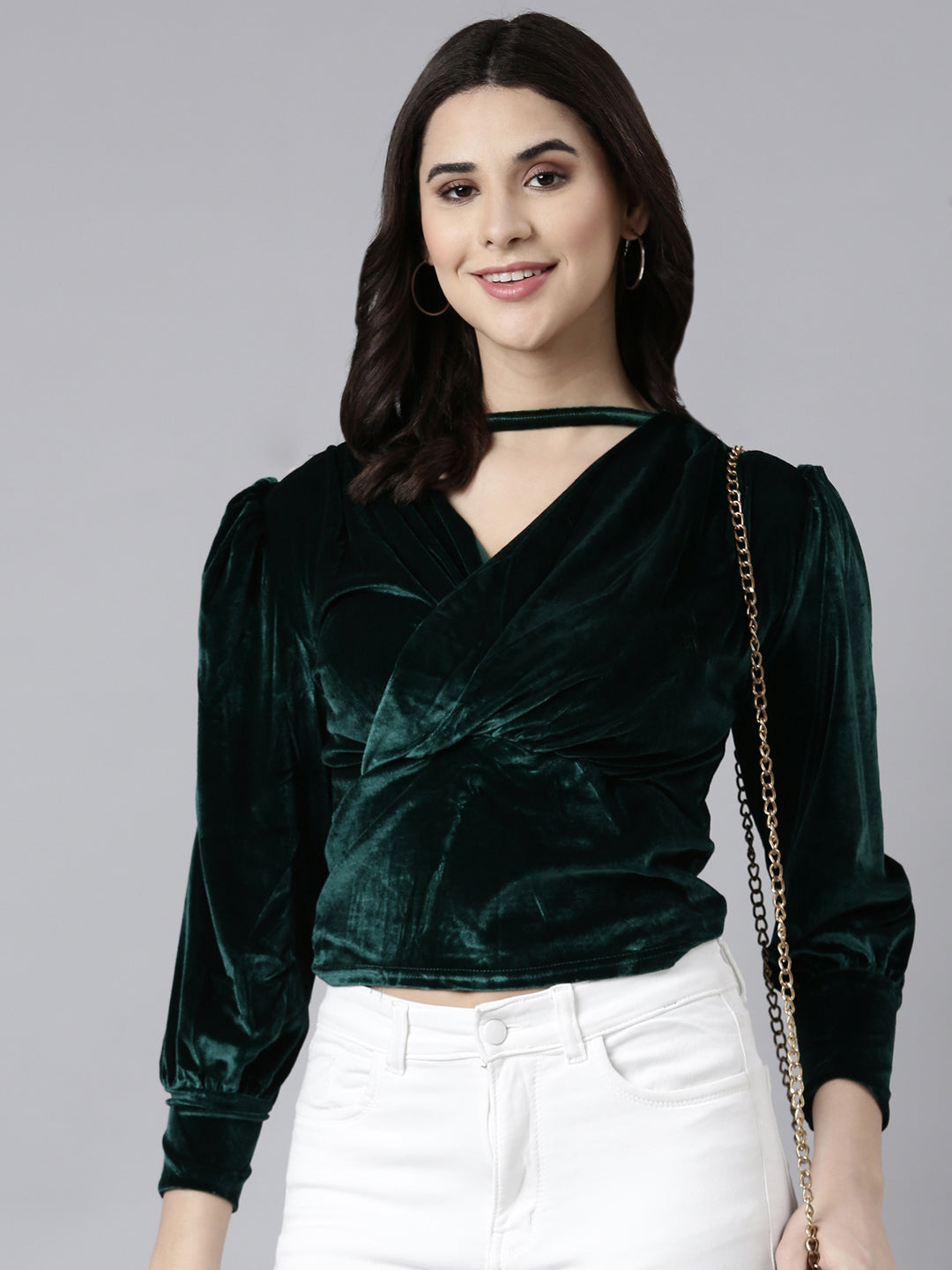 Women Solid Green Empire Top