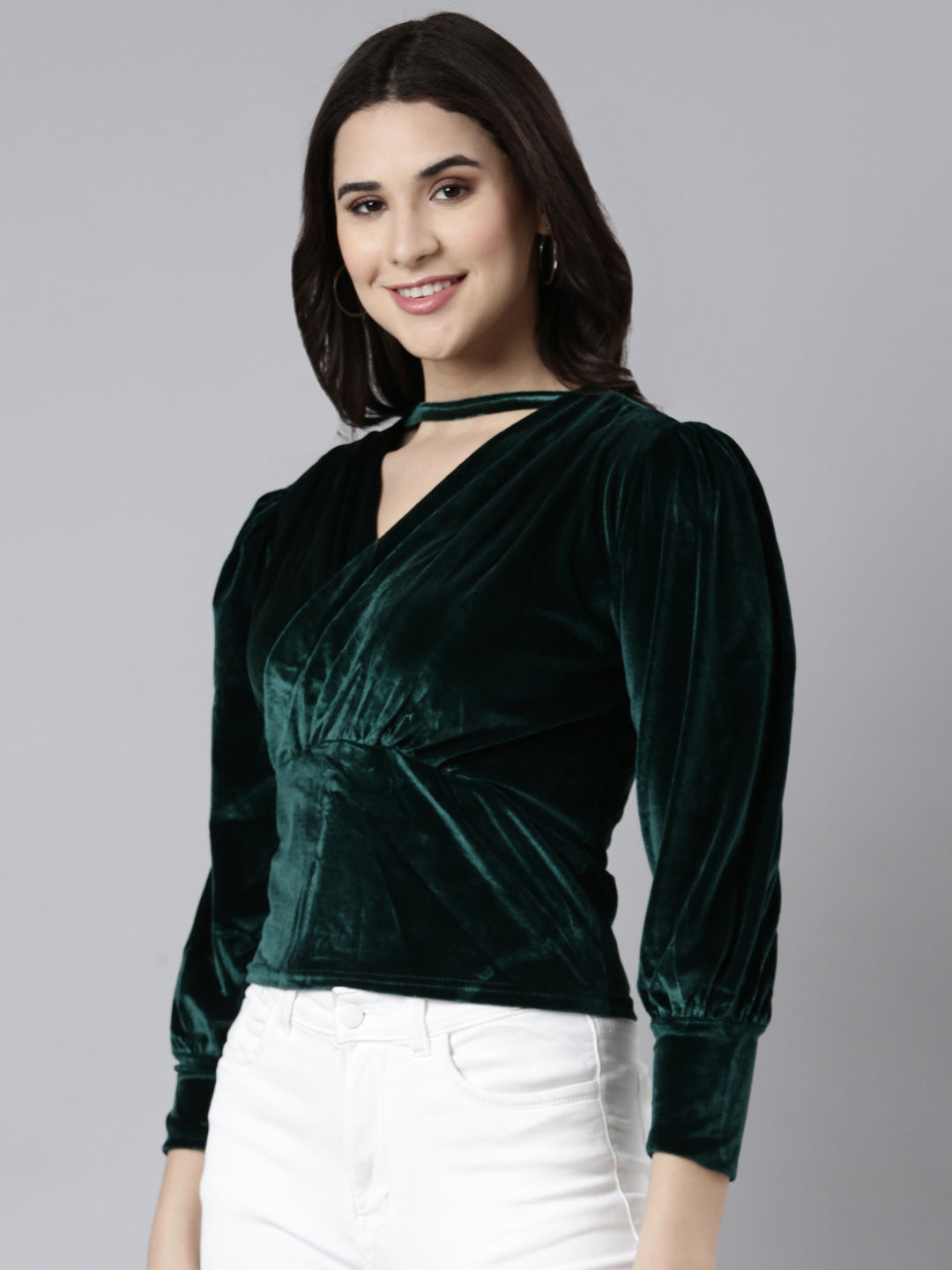 Women Solid Green Empire Top