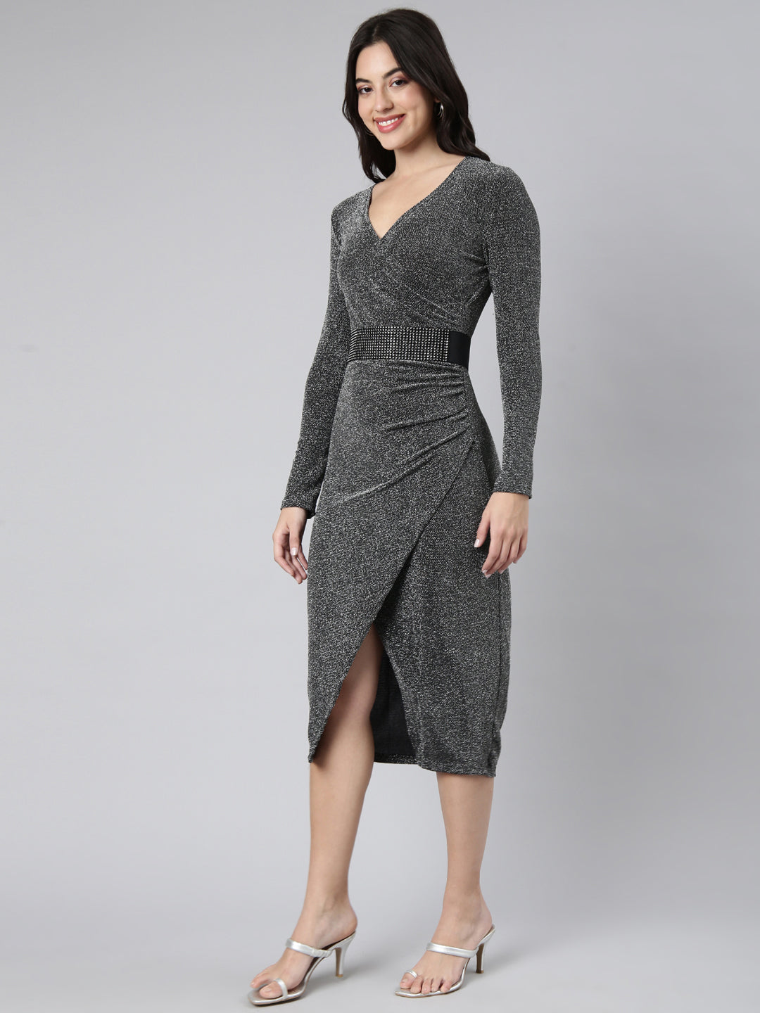 Women Solid Grey Sheath Dress comes with Belt
