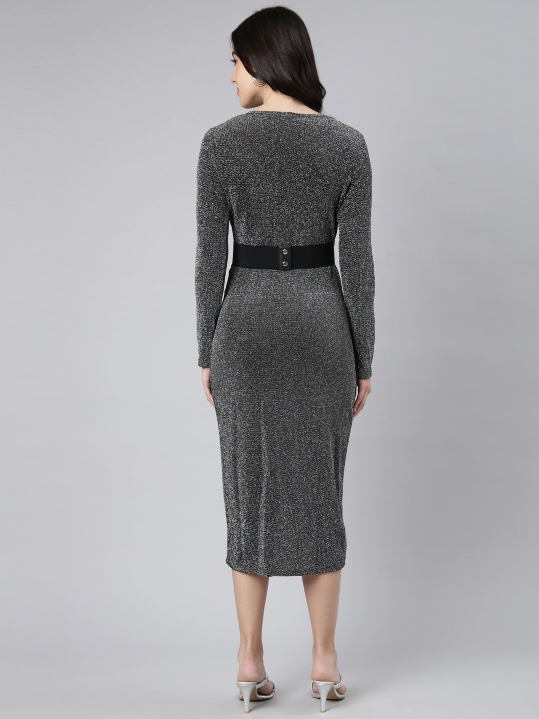 Women Solid Grey Sheath Dress comes with Belt