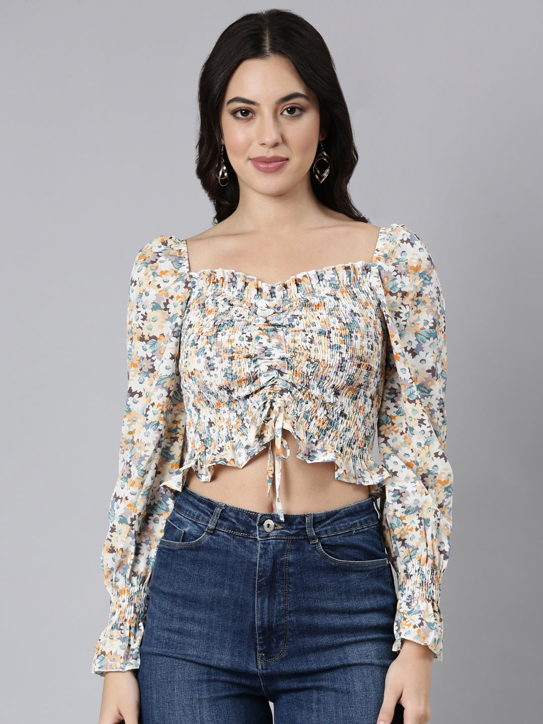 Women Floral Off White Crop Ruched Top