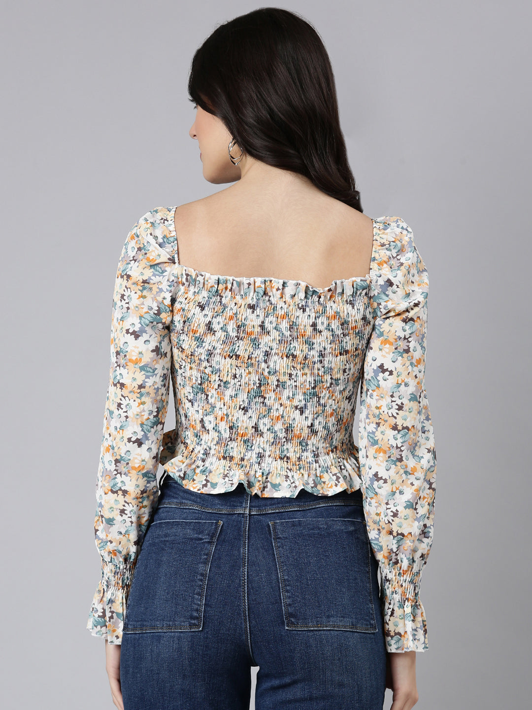 Women Floral Off White Crop Ruched Top