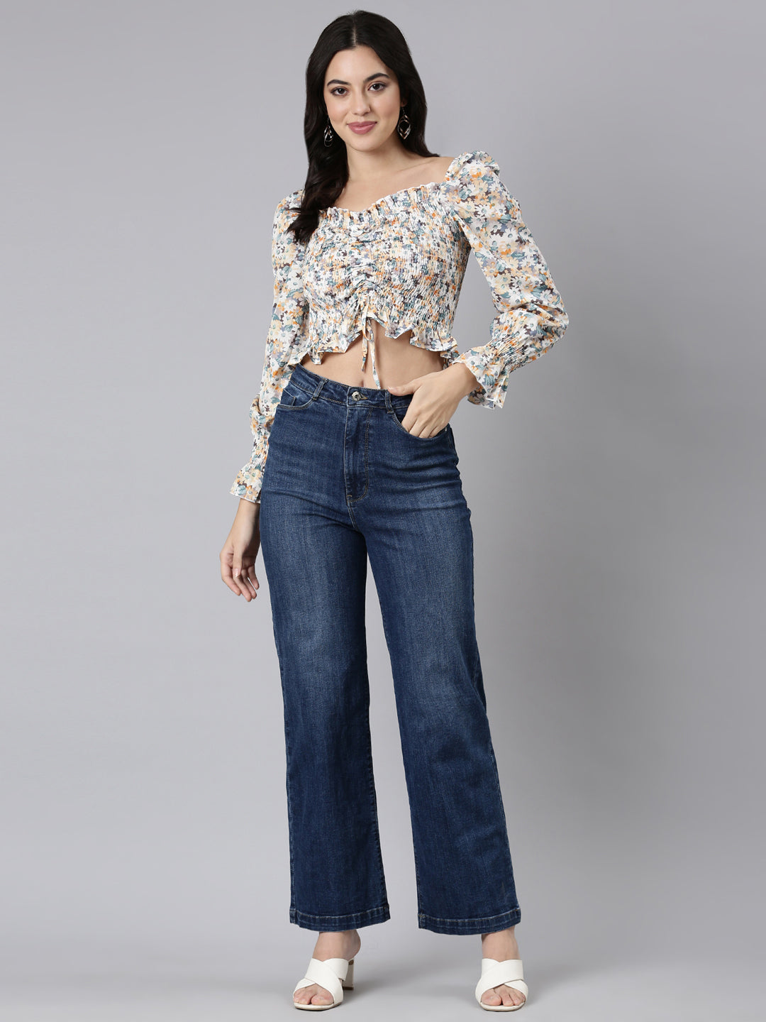 Women Floral Off White Crop Ruched Top