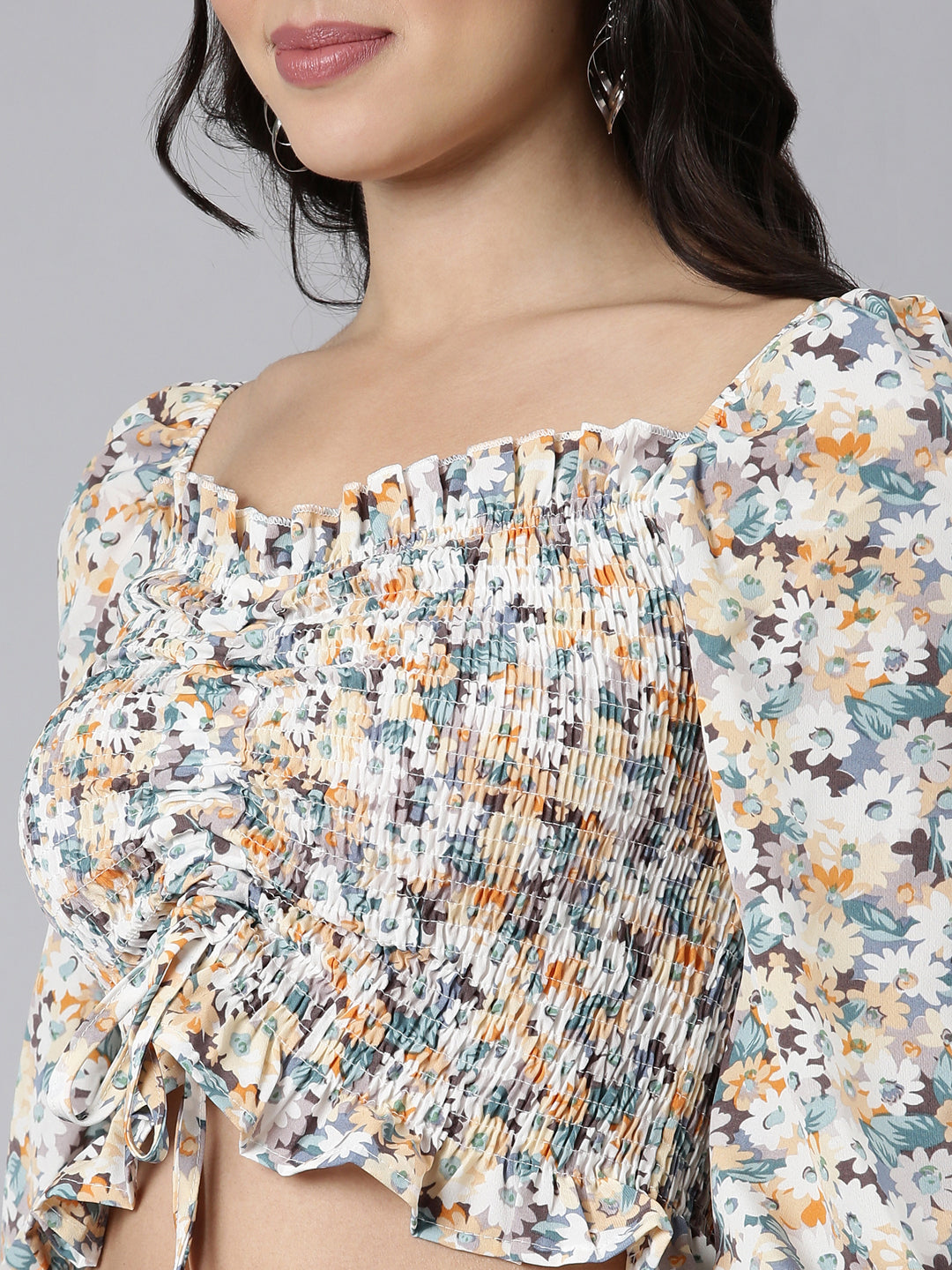 Women Floral Off White Crop Ruched Top