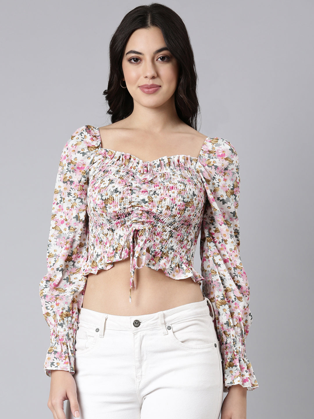 Women Floral Pink Crop Ruched Top