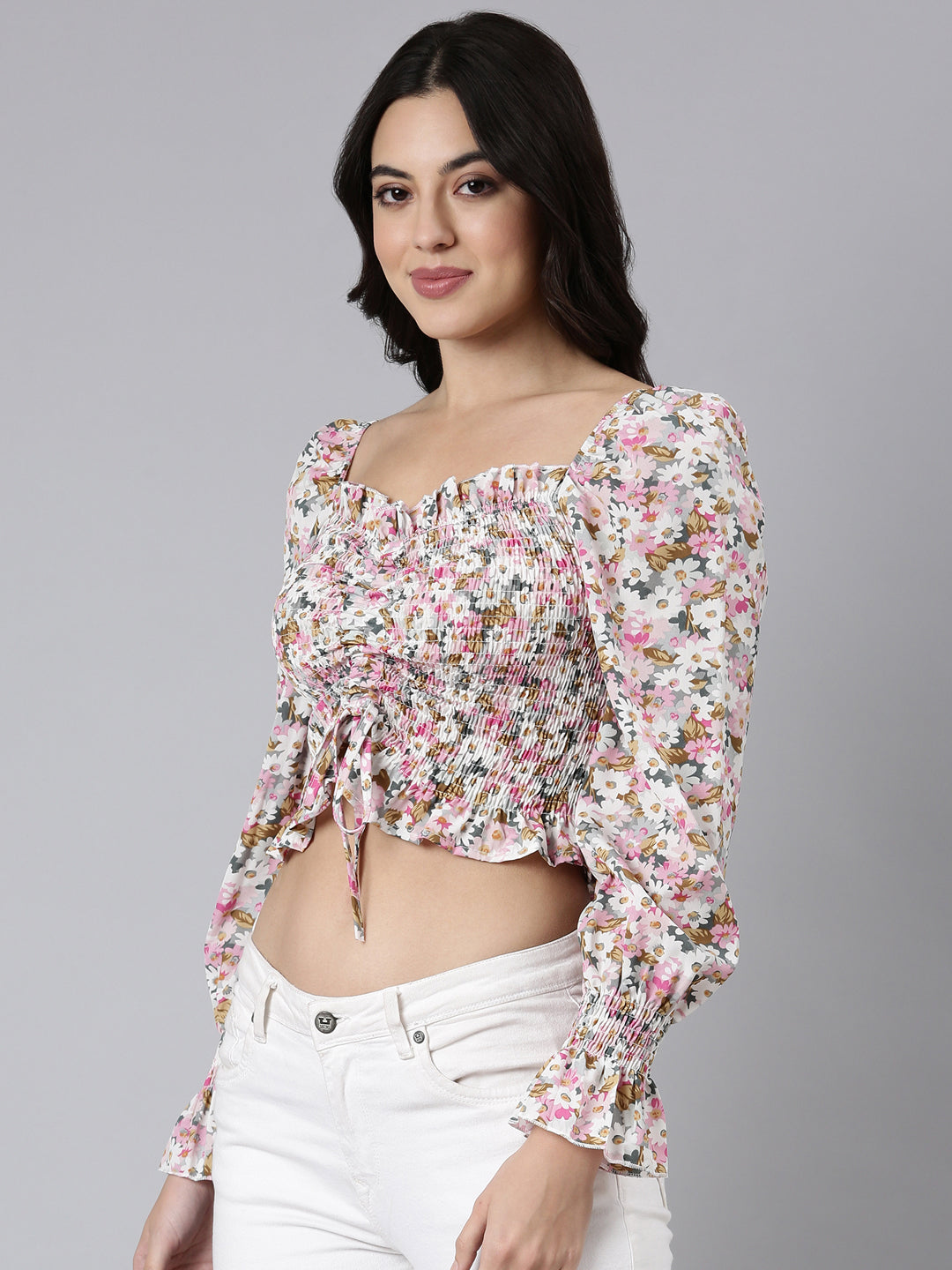 Women Floral Pink Crop Ruched Top