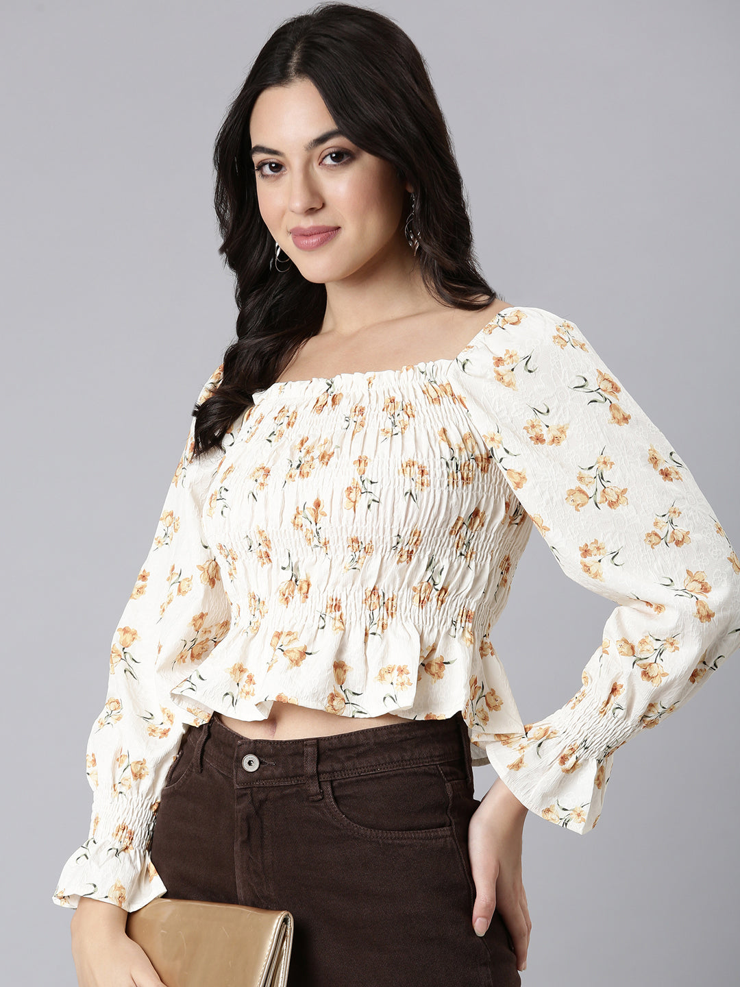 Women Floral Peplum Mustard Crop Top