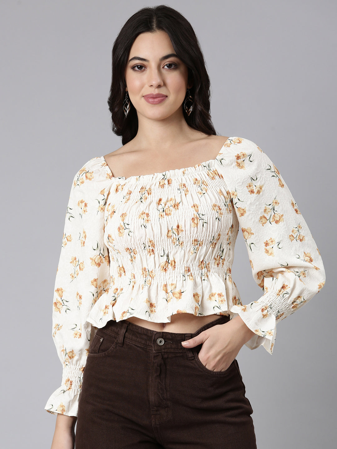 Women Floral Peplum Mustard Crop Top