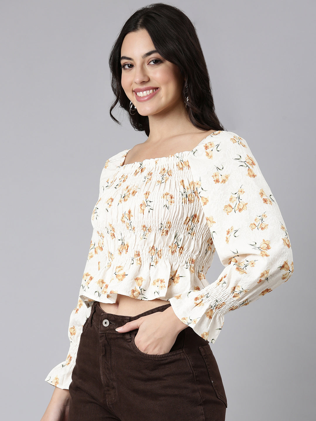 Women Floral Peplum Mustard Crop Top