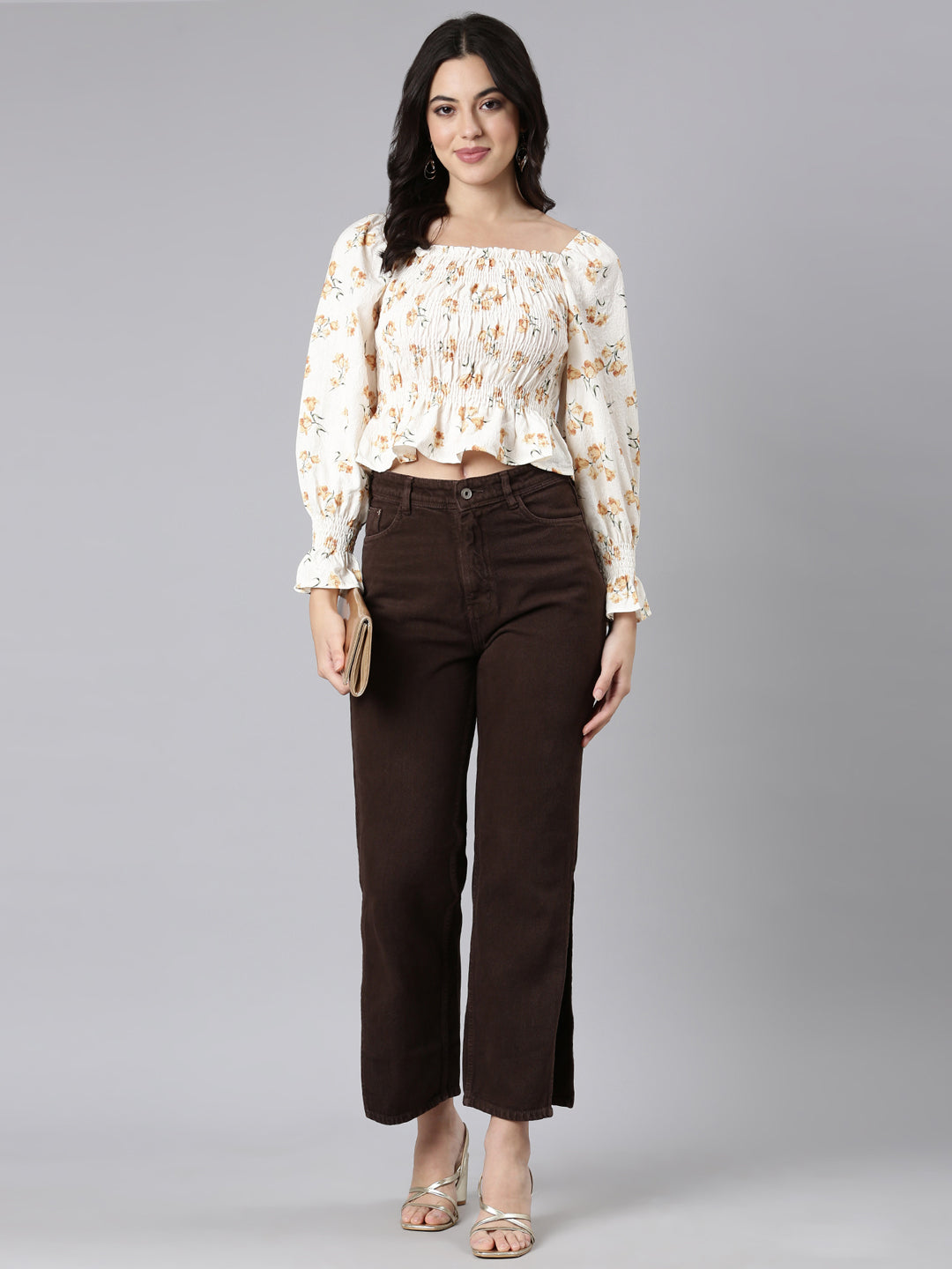 Women Floral Peplum Mustard Crop Top