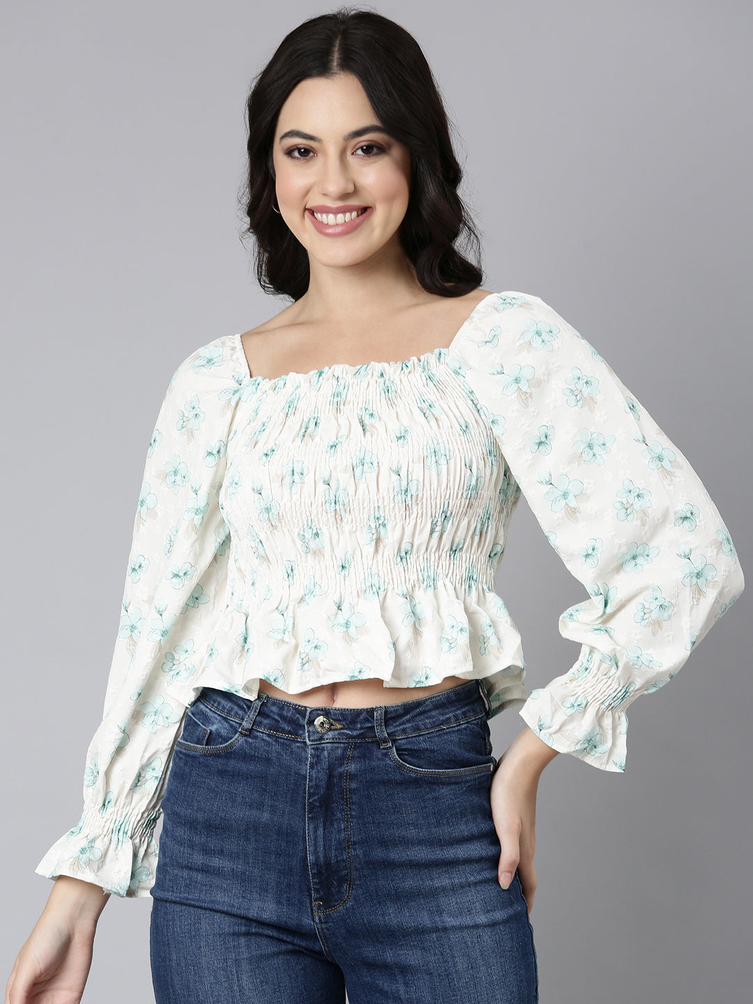 Women Floral Peplum Sea Green Crop Top