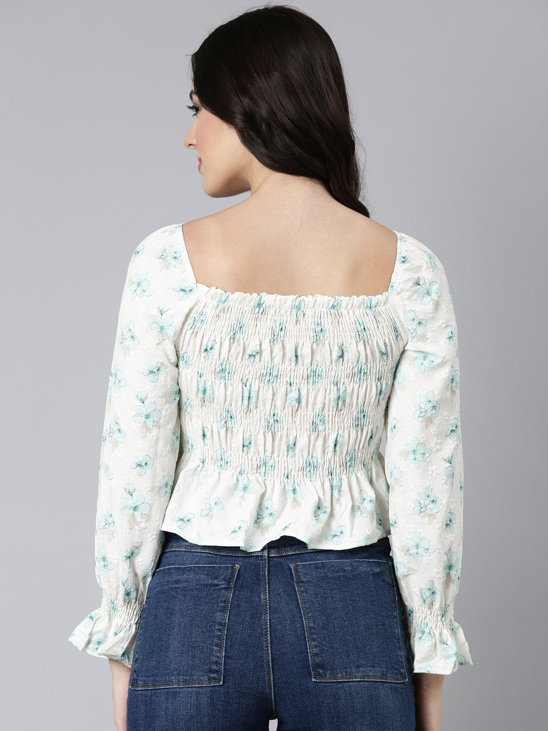 Women Floral Peplum Sea Green Crop Top