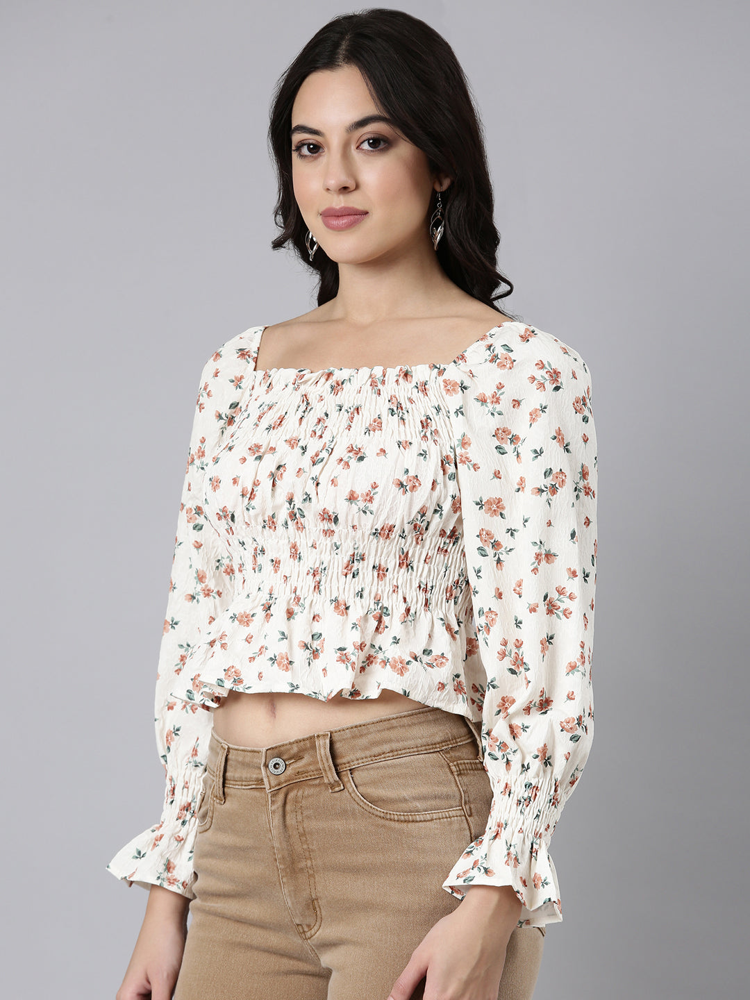 Women Floral Peplum Brown Crop Top