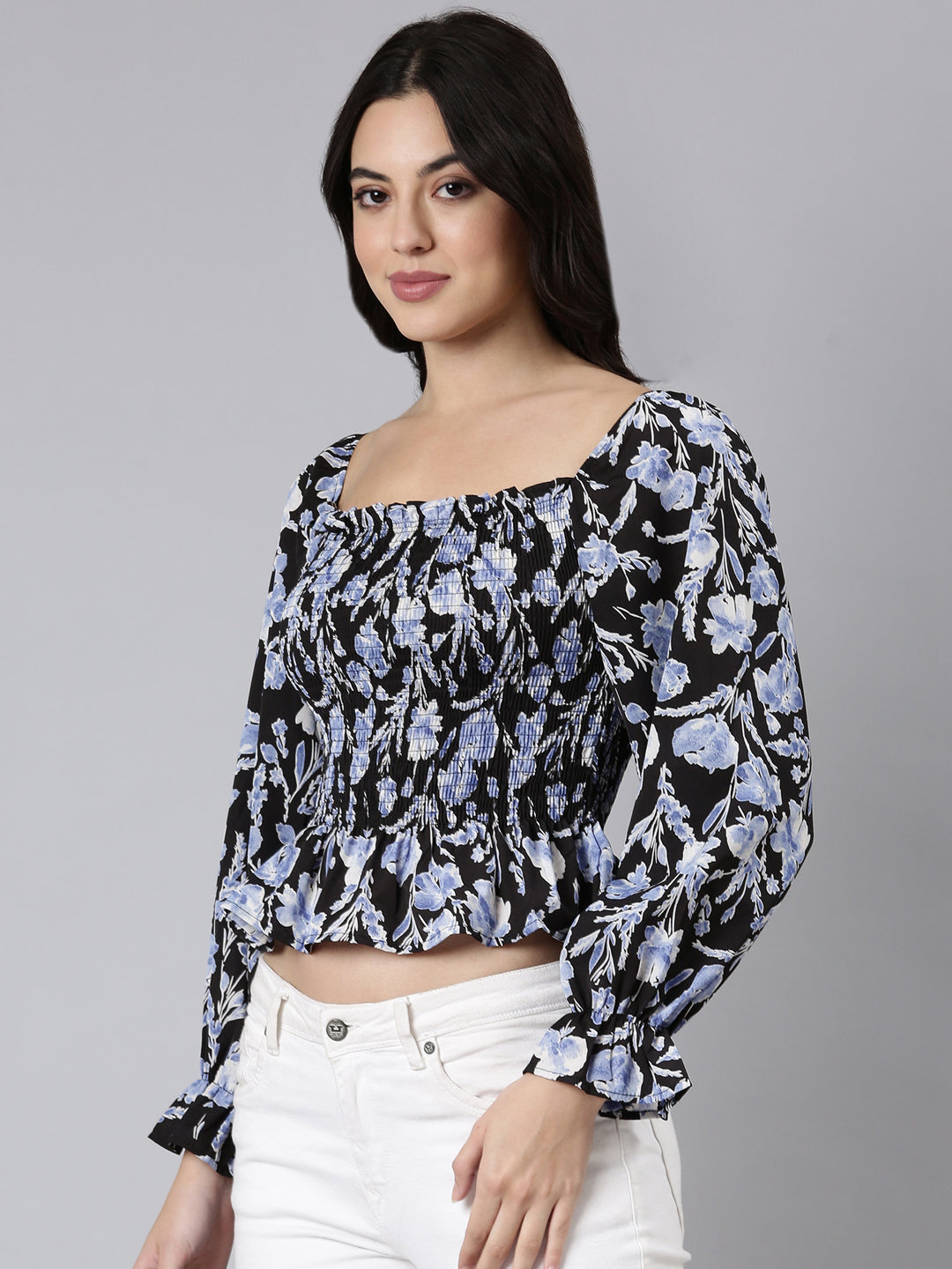 Women Floral Peplum Black Crop Top