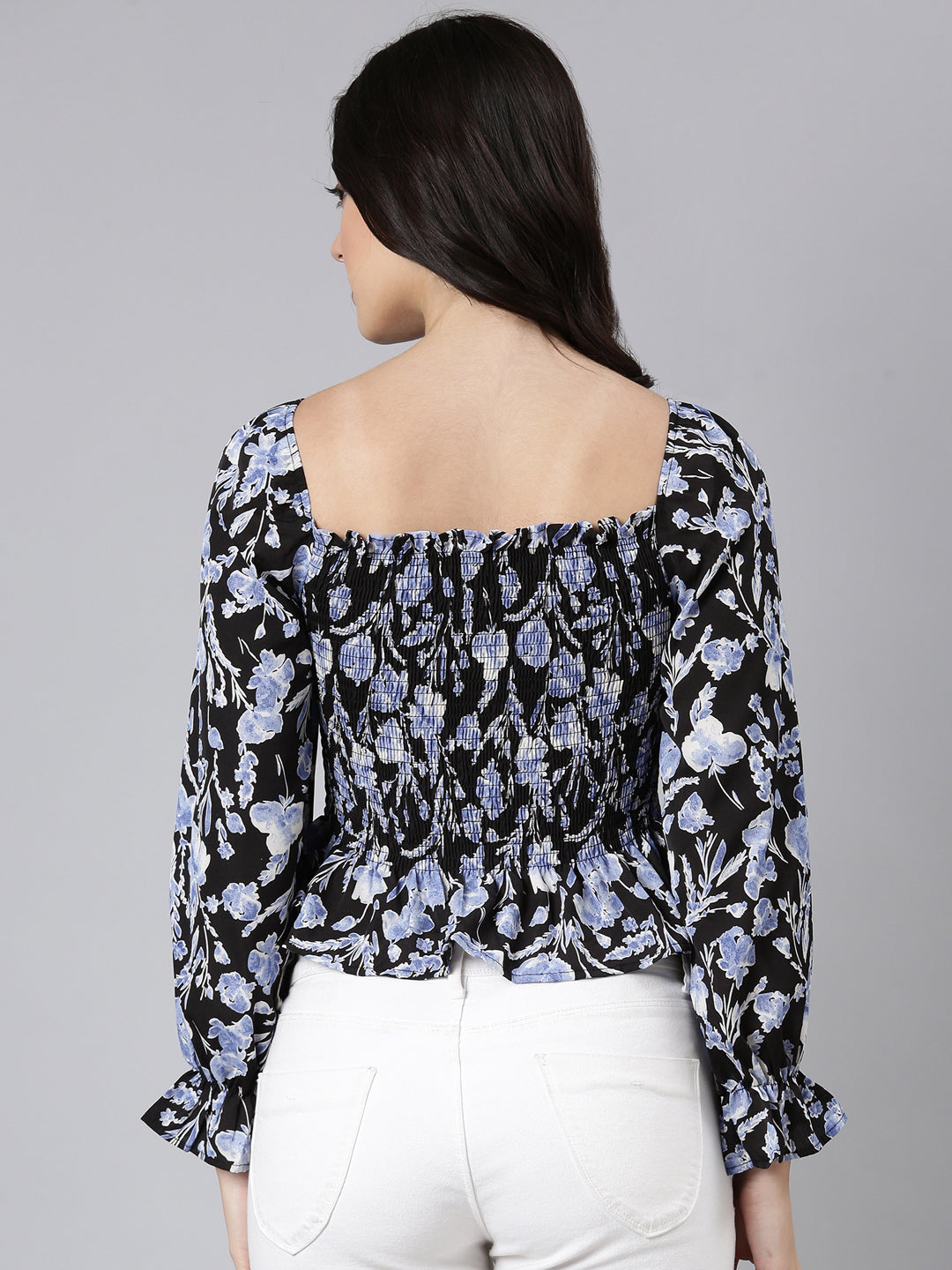 Women Floral Peplum Black Crop Top