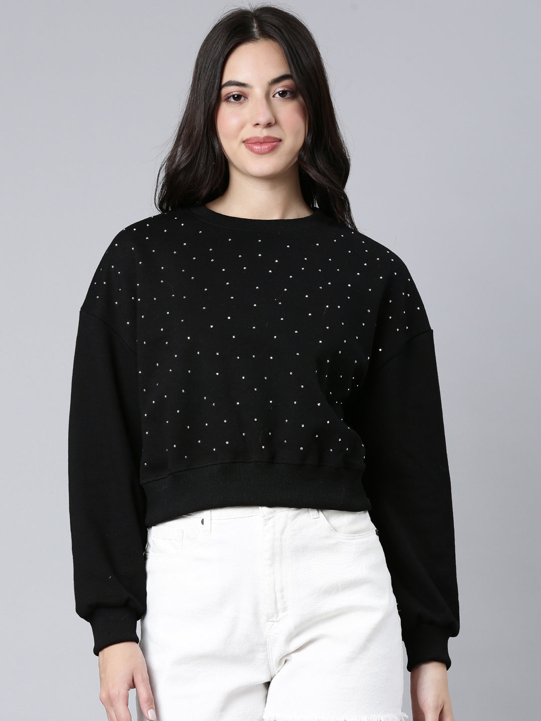 Women Self Design Black Crop Sweatshirt