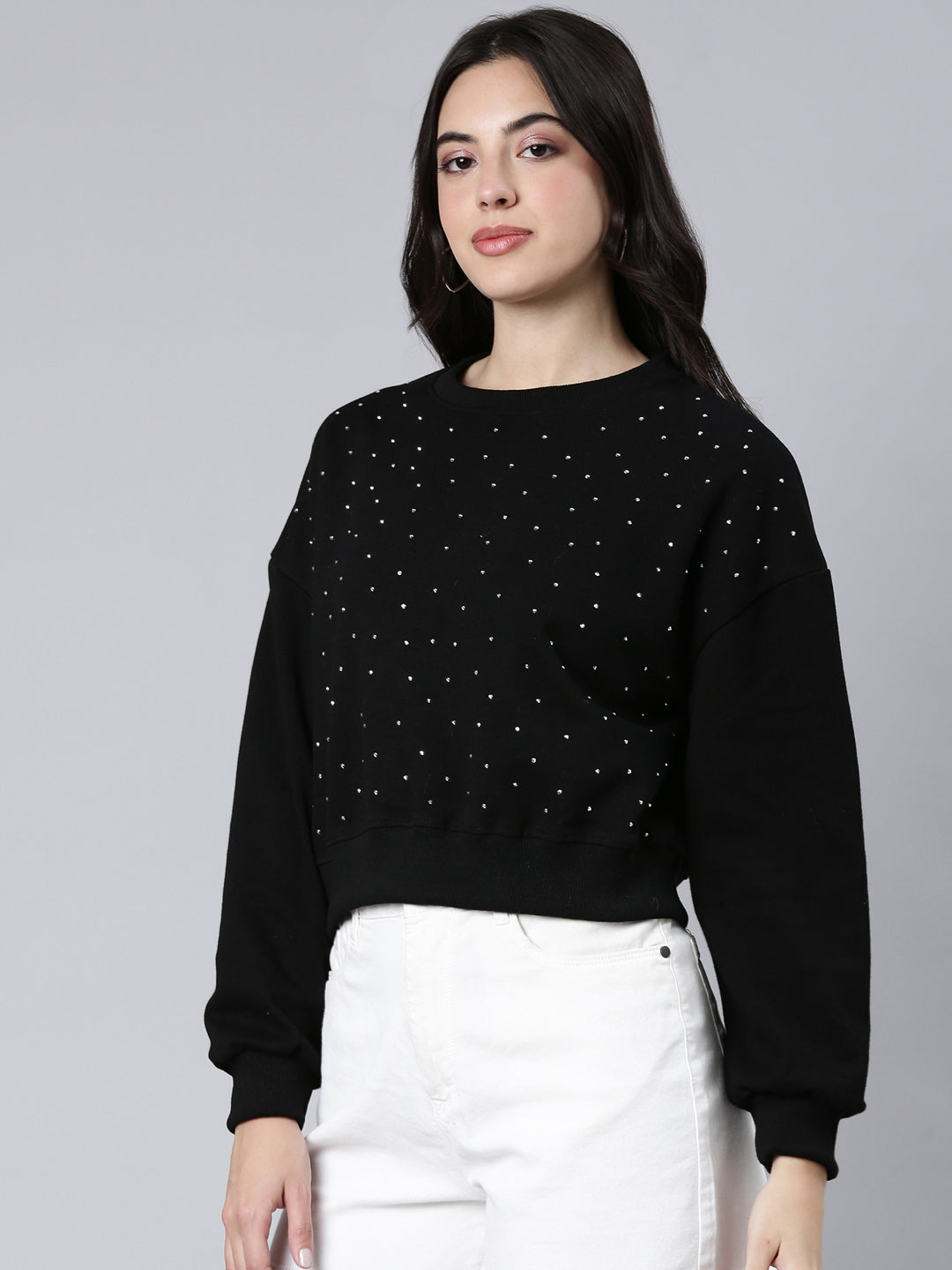 Women Self Design Black Crop Sweatshirt