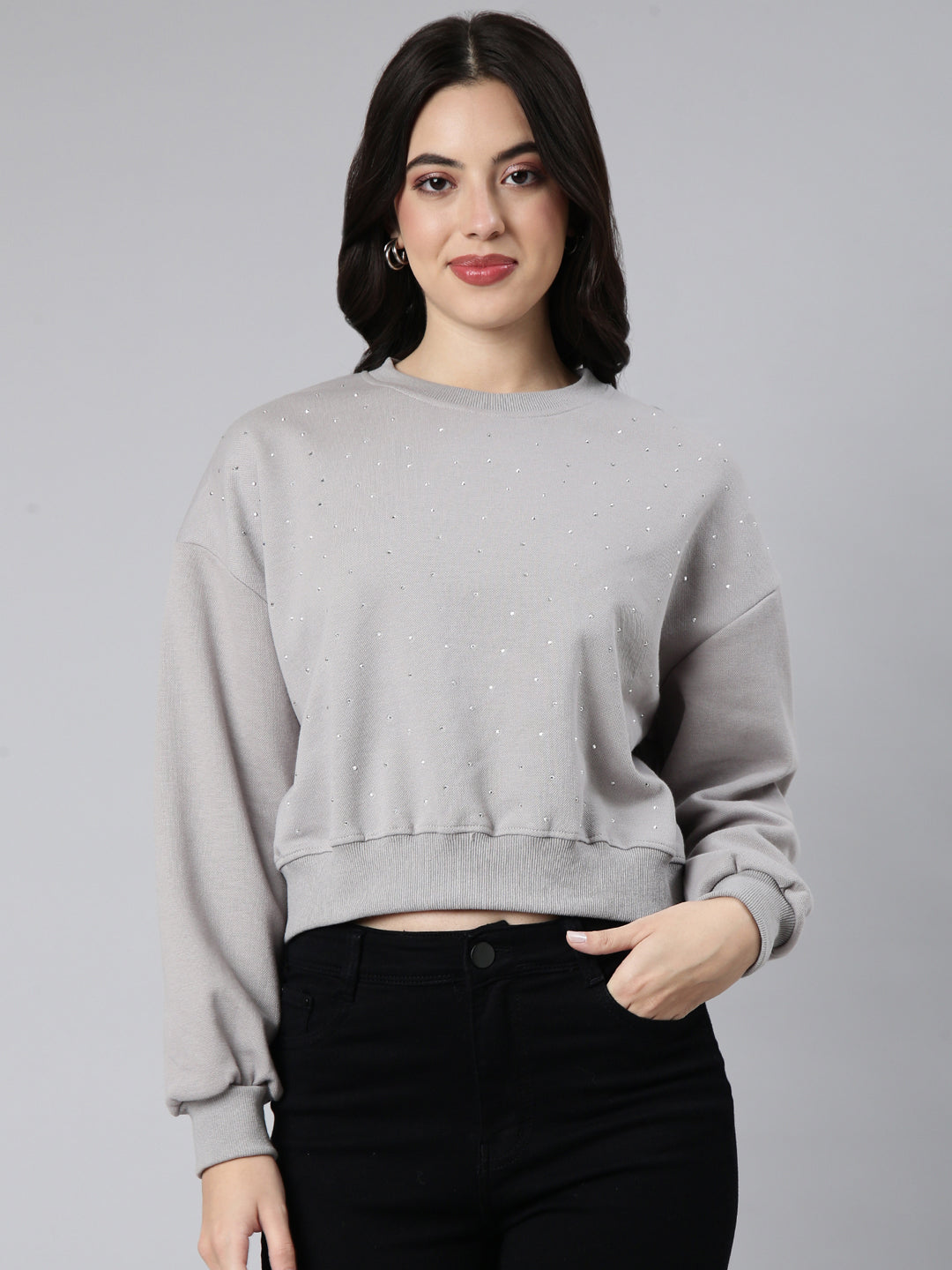 Women Self Design Grey Crop Sweatshirt