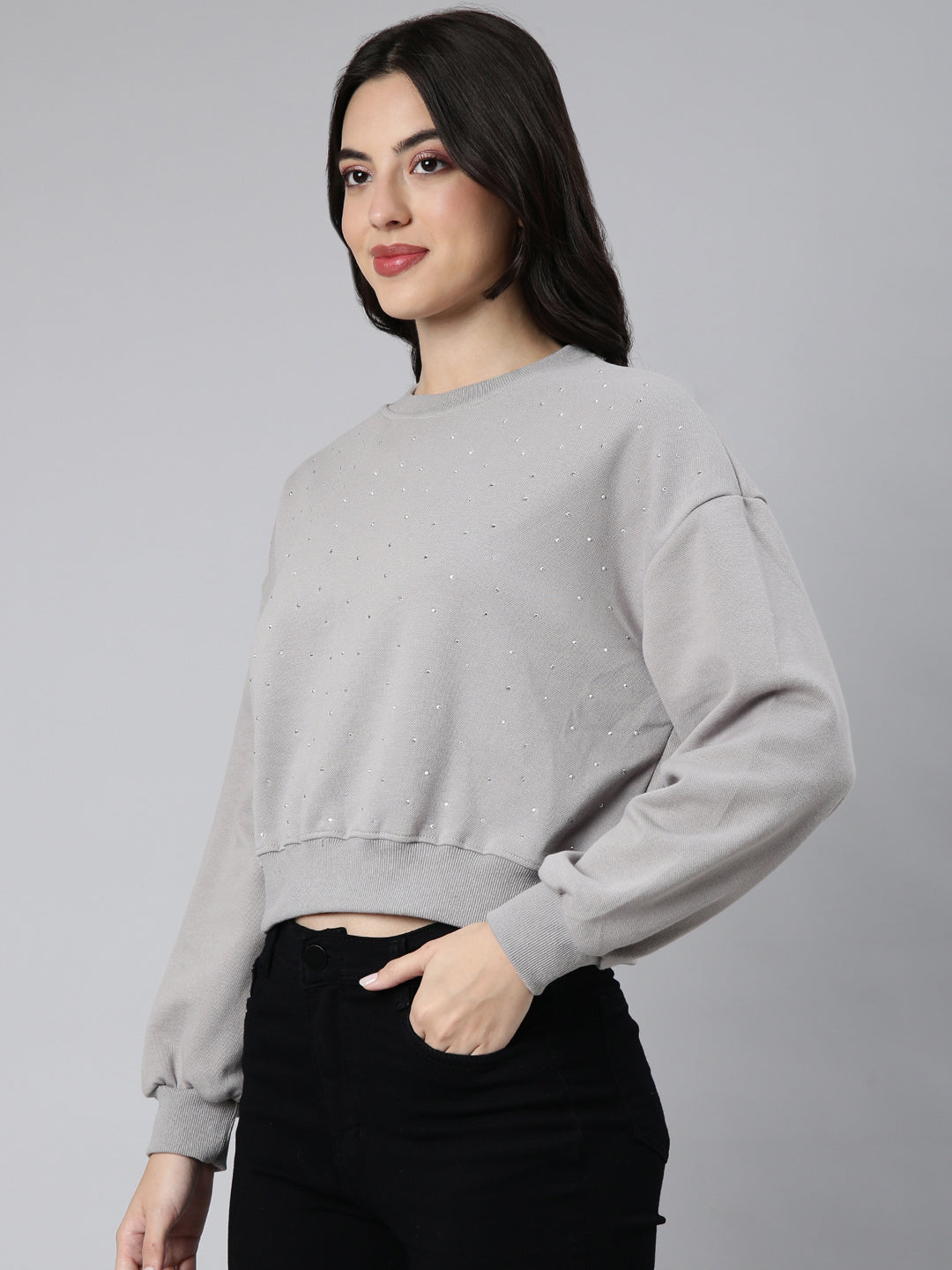 Women Self Design Grey Crop Sweatshirt