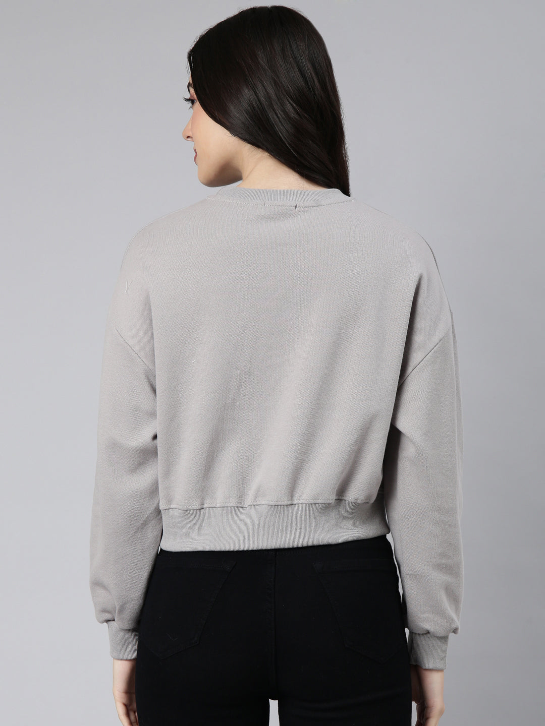 Women Self Design Grey Crop Sweatshirt