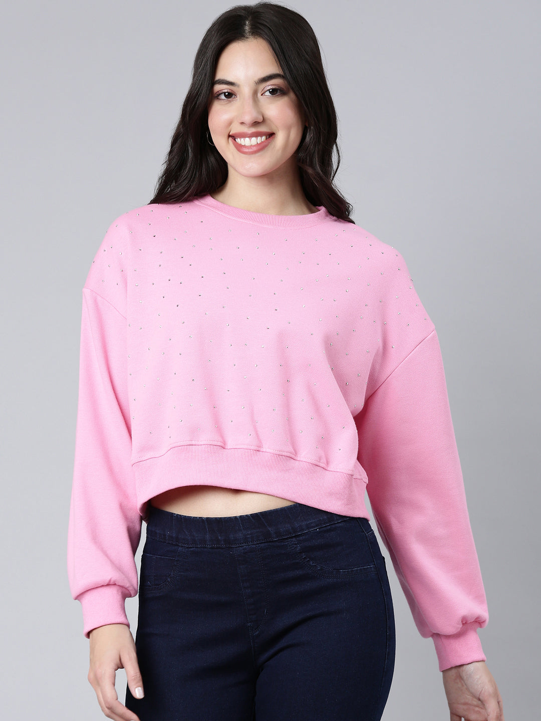Women Self Design Pink Crop Sweatshirt