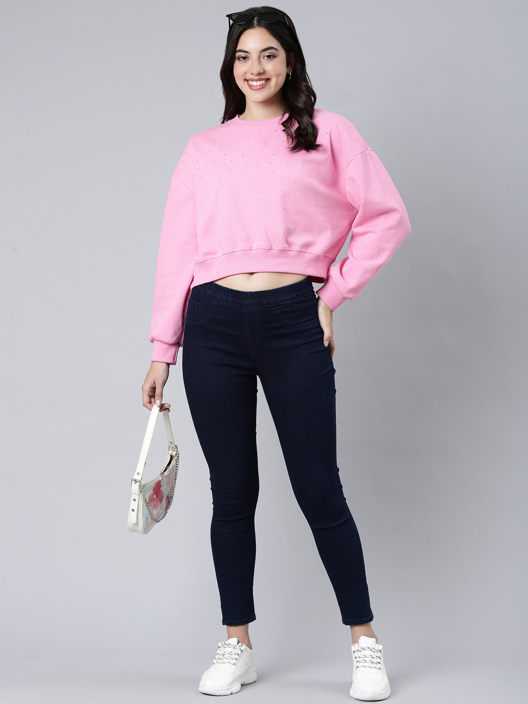 Women Self Design Pink Crop Sweatshirt