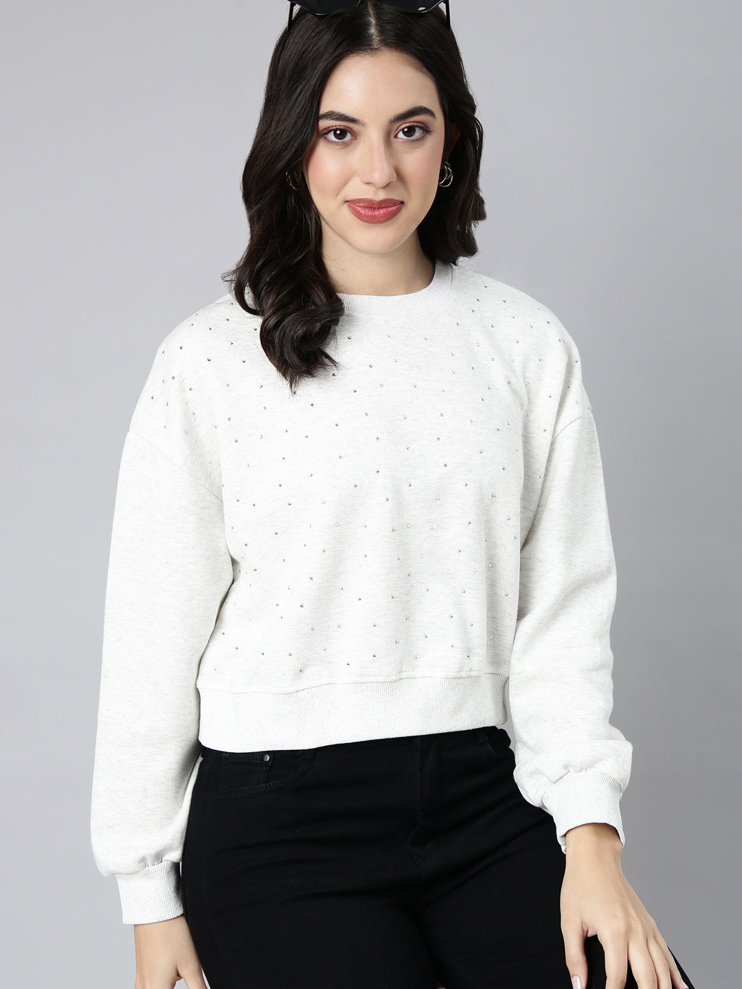Women Self Design White Crop Sweatshirt