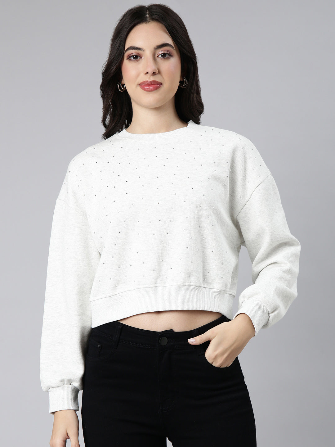 Women Self Design White Crop Sweatshirt