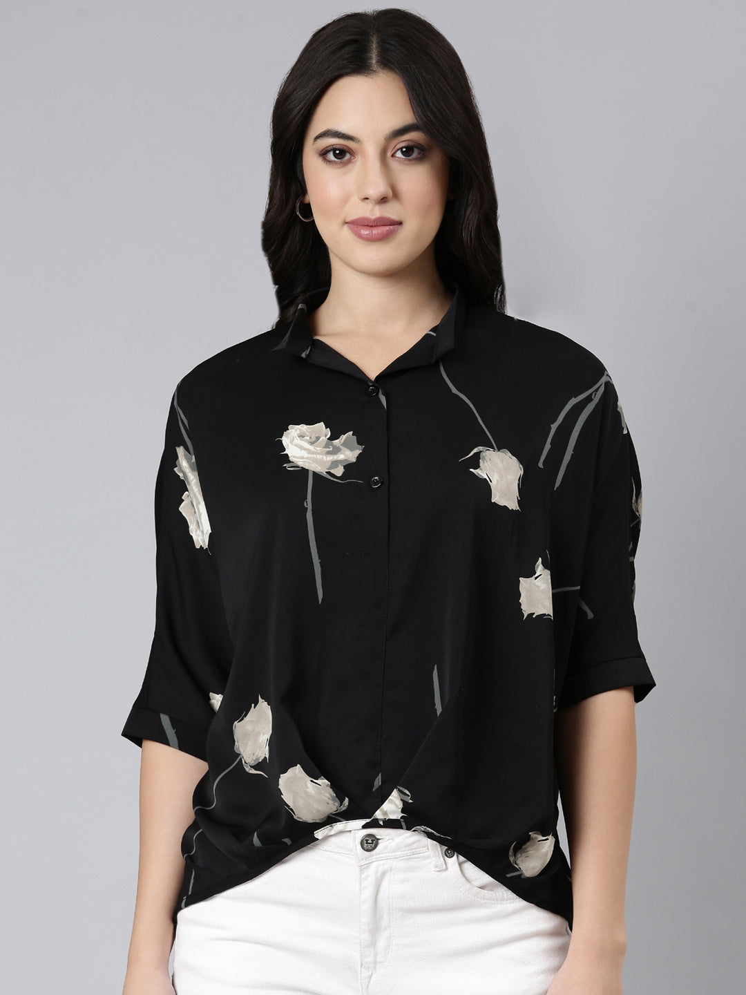 Women Floral Shirt Style Cream Over Sized Top