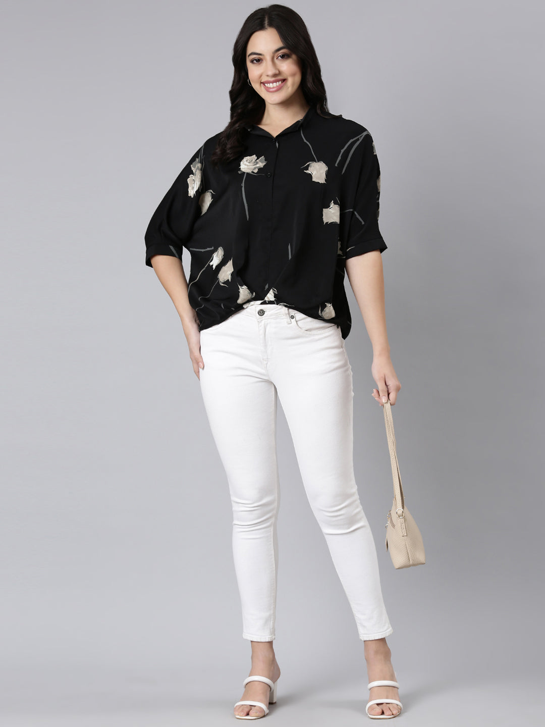 Women Floral Shirt Style Cream Over Sized Top