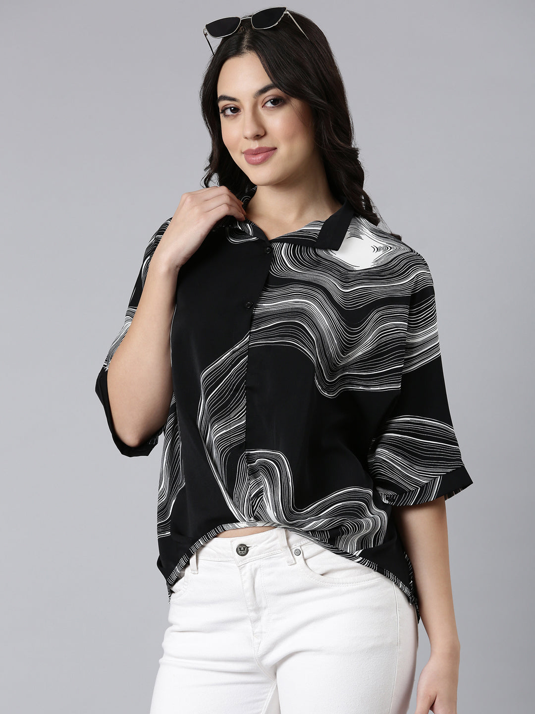 Women Abstract Shirt Style Black Over Sized Top