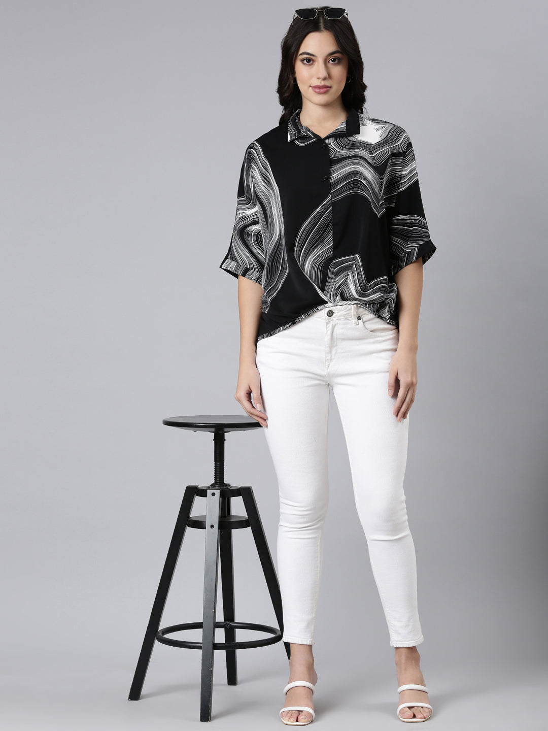 Women Abstract Shirt Style Black Over Sized Top