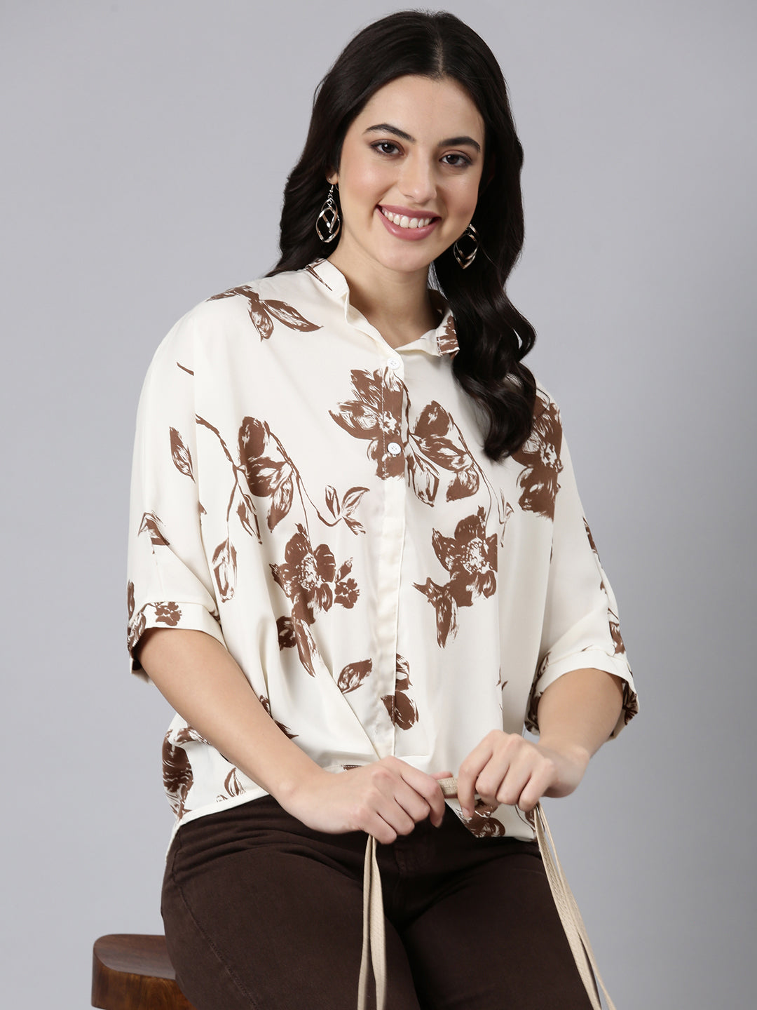 Women Floral Shirt Style Brown Over Sized Top