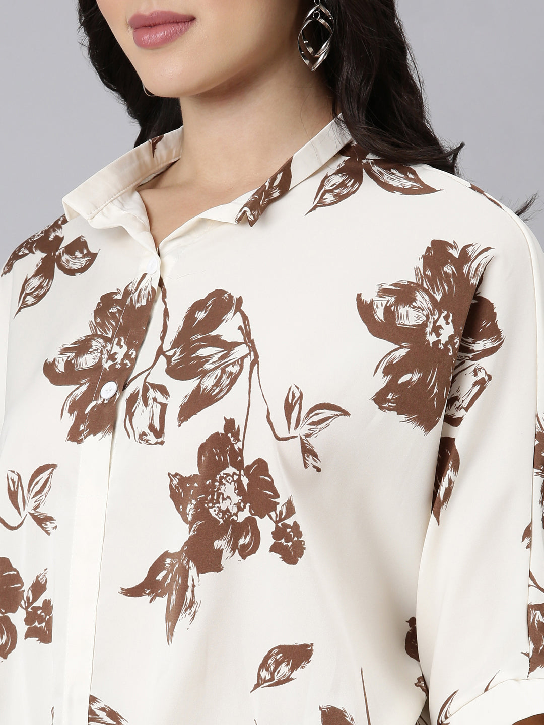 Women Floral Shirt Style Brown Over Sized Top