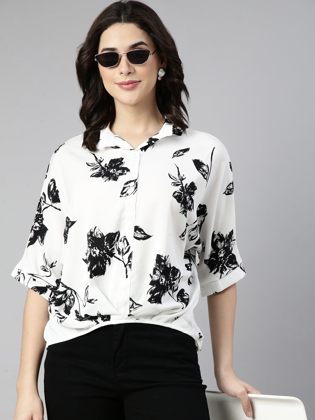 Women Floral Shirt Style White Over Sized Top
