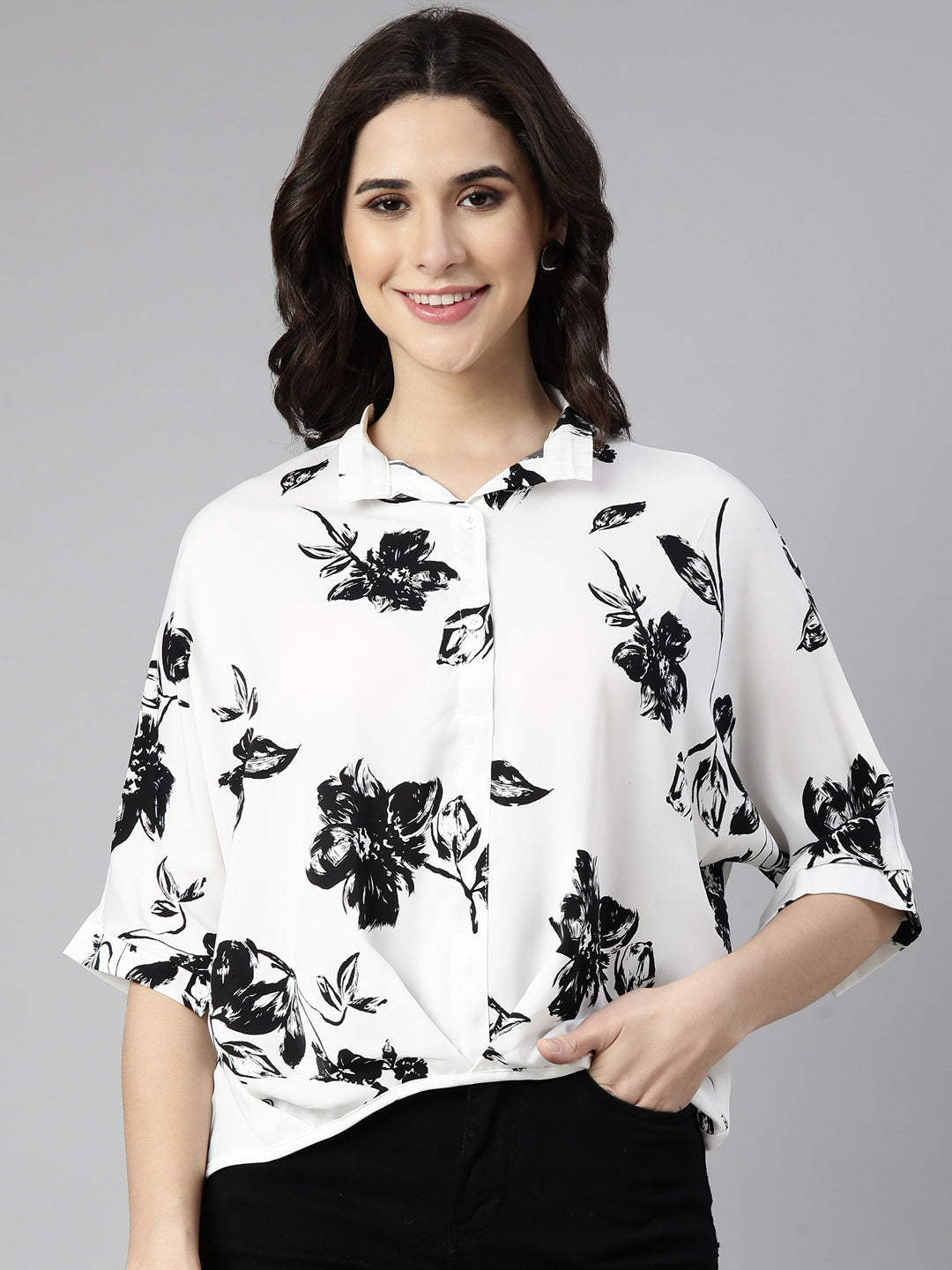 Women Floral Shirt Style White Over Sized Top