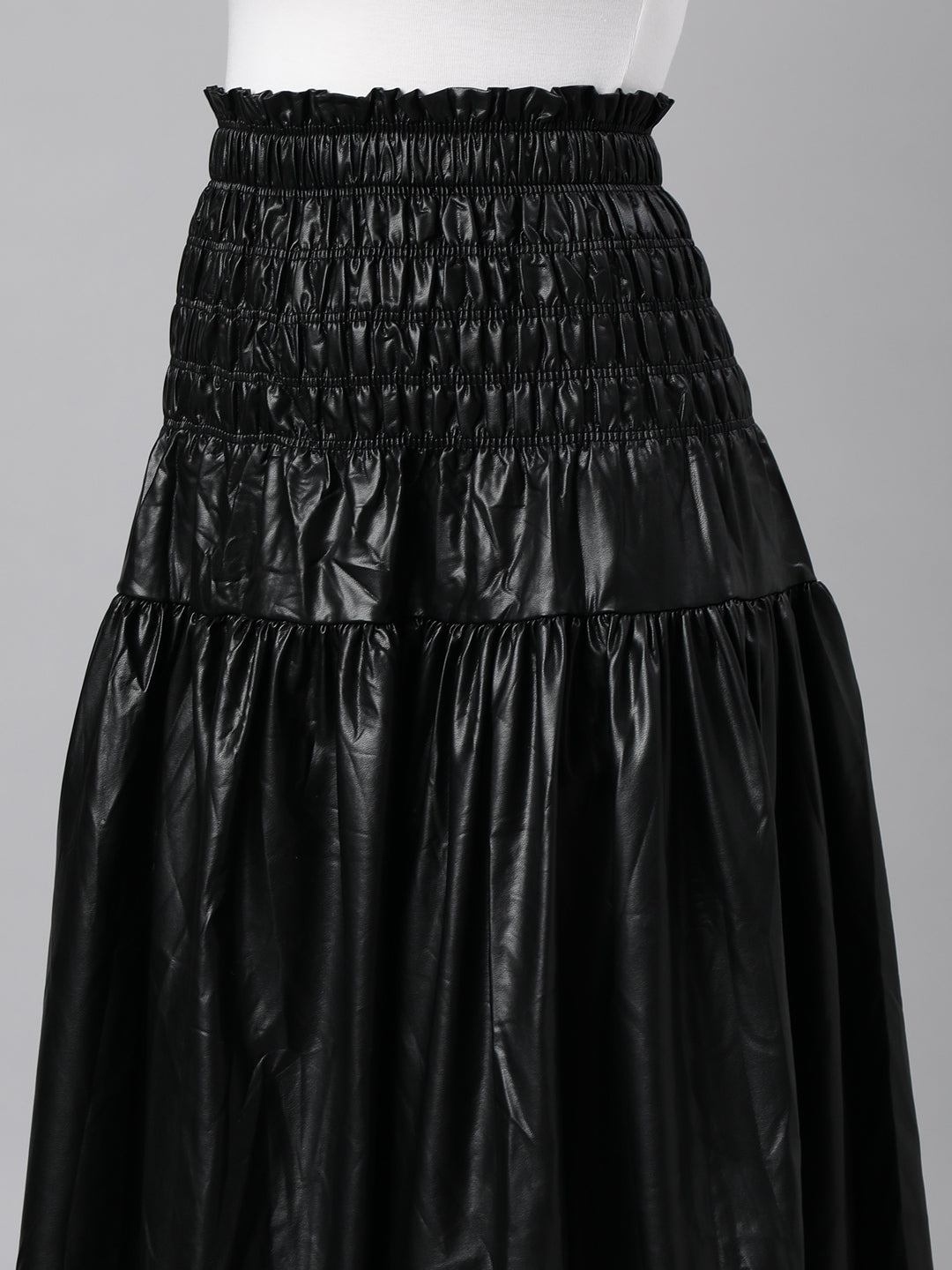 Women Solid Black Flared Midi Skirt